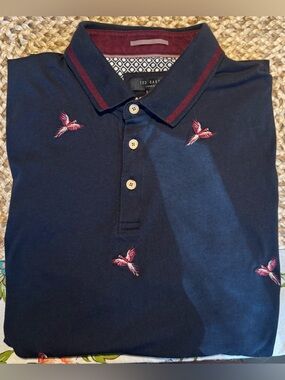 Ted Baker London Men’s Polo Shirt Size 5 (L) Navy Bird Embroidered Short Sleeve